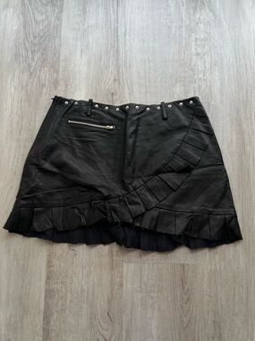 Black Ruffled Leather Mini Skirt with Zip Pocket
